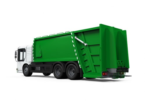 A large commercial waste collection vehicle, painted in bright green with a smooth, metallic finish, is parked on a paved surface, likely a driveway or service area. The truck's body is designed with a rectangular, enclosed compartment for rubbish and features a hydraulic lifting mechanism at the rear, which is partially visible, indicating its use for waste collection and disposal. The cab, located at the front left, is white with black side mirrors and a clear windshield, contrasting with the vibrant green body. The vehicle's wheels are substantial, with black tires and metal rims, supporting the heavy-duty construction necessary for rubbish removal services. The background is plain, emphasizing the truck's size and structure, and the lighting is neutral, highlighting the clean, well-maintained appearance of the vehicle. This image relates to the waste collection services offered by Commercial Waste Removal Golders Green, showcasing a typical rubbish removal truck used in the area, suitable for commercial and residential waste management tasks within the N12 postcode district or nearby locations around Golders Green.